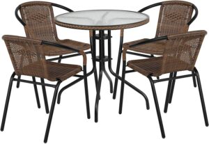 不带坐垫的圆玻璃桌和藤制可堆叠的椅子 Flash Furniture 28'' Round Glass Metal Table with Stack Chairs