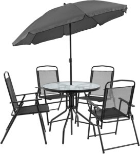 后院DECK露台花园套桌 6 Piece Black Patio Garden Set with Table, Umbrella and 4 Folding Chairs
