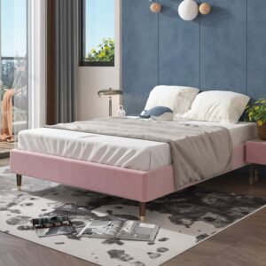 粉色床架推荐Allewie Light Pink Velvet Upholstered Queen Size Platform Bed Frame