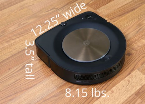从视觉上看，Roomba S9+ 与其他方形前置机器人相比尺寸相似。它具有12.25 英寸直径，3.5 英寸高，重8.15 磅。