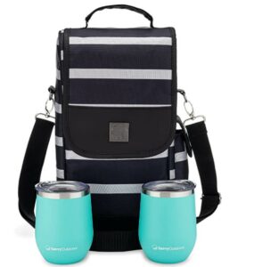 一个 Savvy Girl 葡萄酒手提袋，带不锈钢无柄酒杯 - 2 瓶装酒袋 - 适合旅行、活动、海滩、游泳池、野餐等